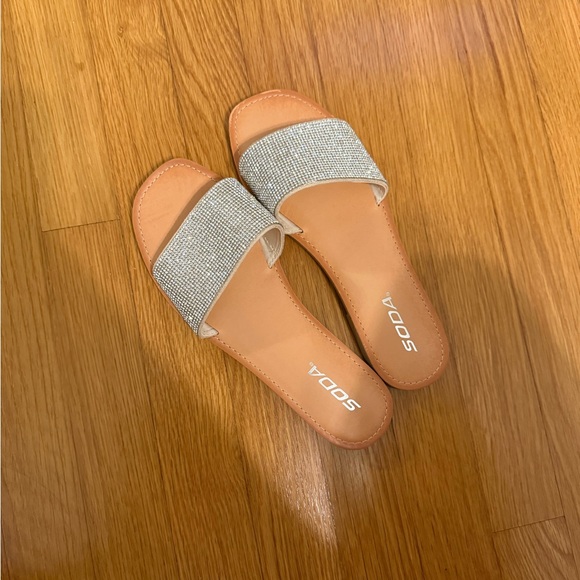 Soda Tan and Silver Slide Sandals with Glitter Strap - Picture 1 of 3